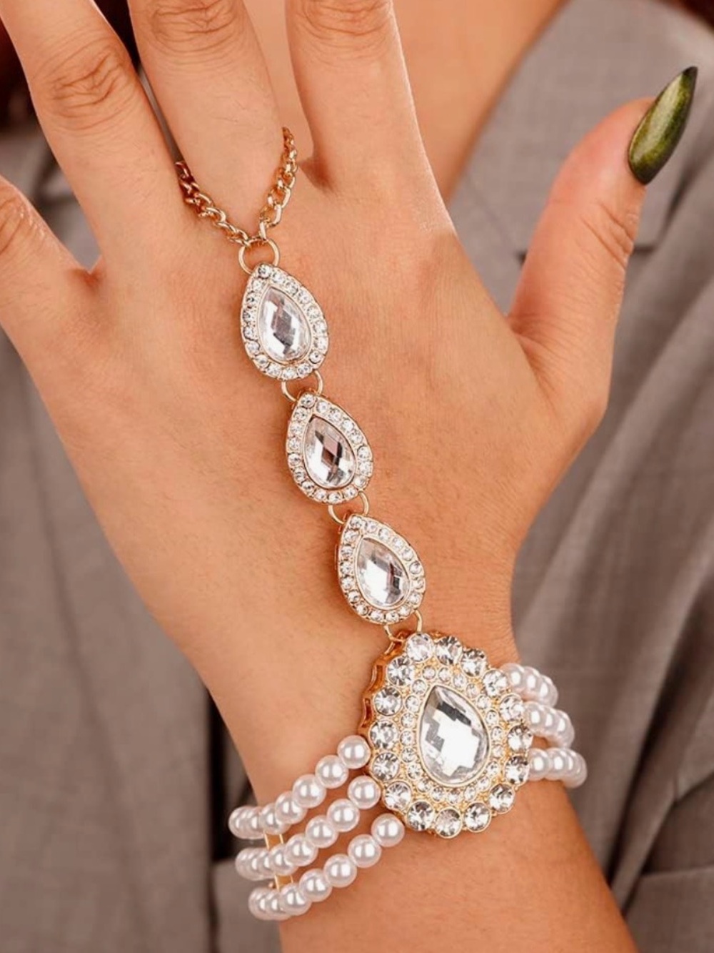 Amazon Essentials Gold Tone Pearl and Clear Crystal Hand Chain Bracelet
